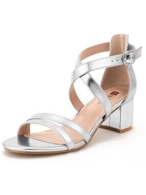 Women's Silver Comfortable Open Toe Block Ankle Strap Low Chunky Heeled Sandals